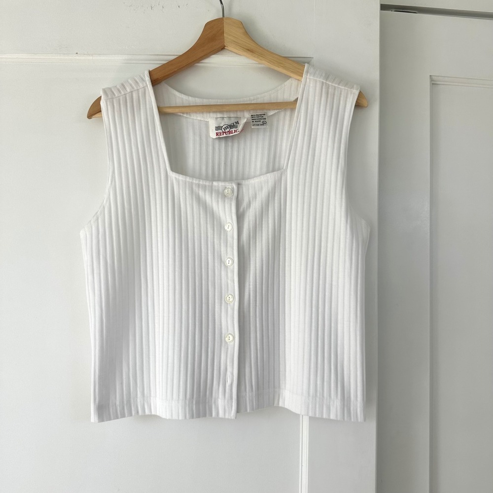 Vintage 90s Denim Republic White Ribbed Square Neck Button Front Crop Tank Top L